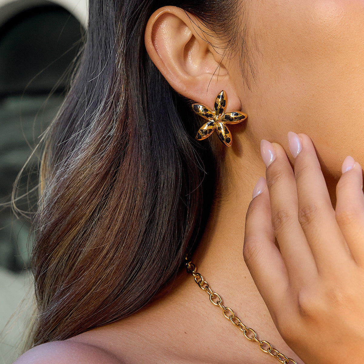 Leopard-Print Floral Statement Earrings In Dripping Oil Style Made Of Stainless Steel