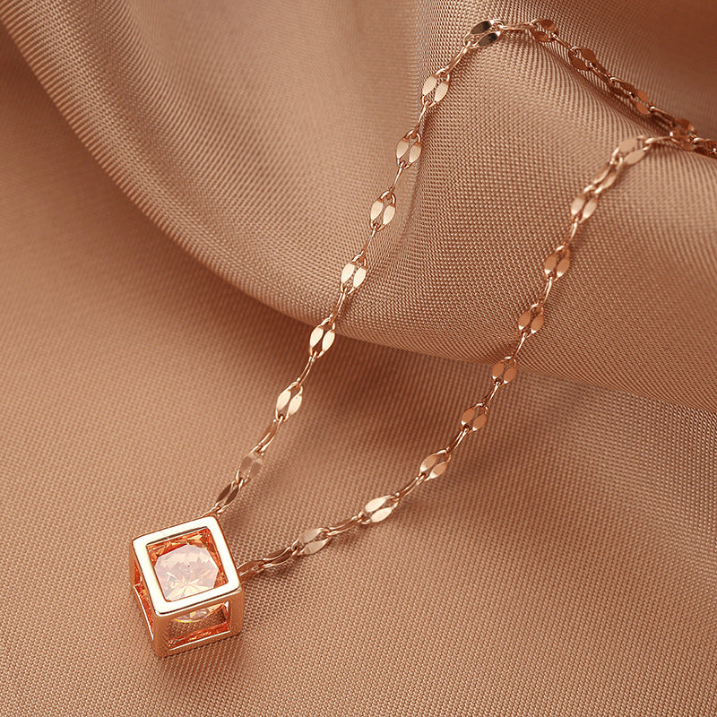 Geometric Hollow Square Zircon Rose Gold Minimalist Necklace